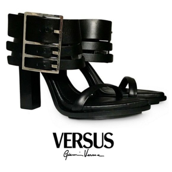 Versus Gianni Versace Women's Ankle Strap Sandals Black Leather Size 7 US 4 UK